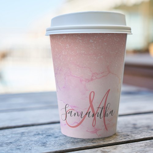 Modern Pink Marble  Glitter Sparkles  Name Paper Cups