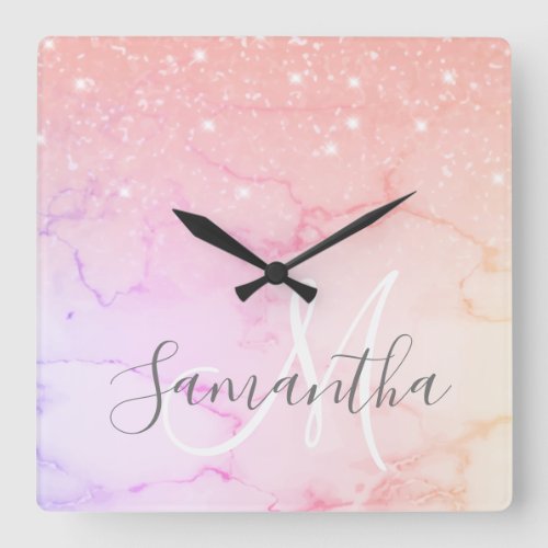 Modern Pink Marble  Glitter Sparkles  Name Square Wall Clock