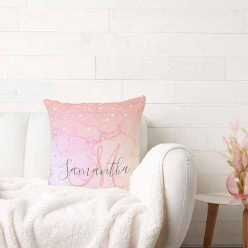 Modern Pink Marble  Glitter Sparkles  Name Throw Pillow