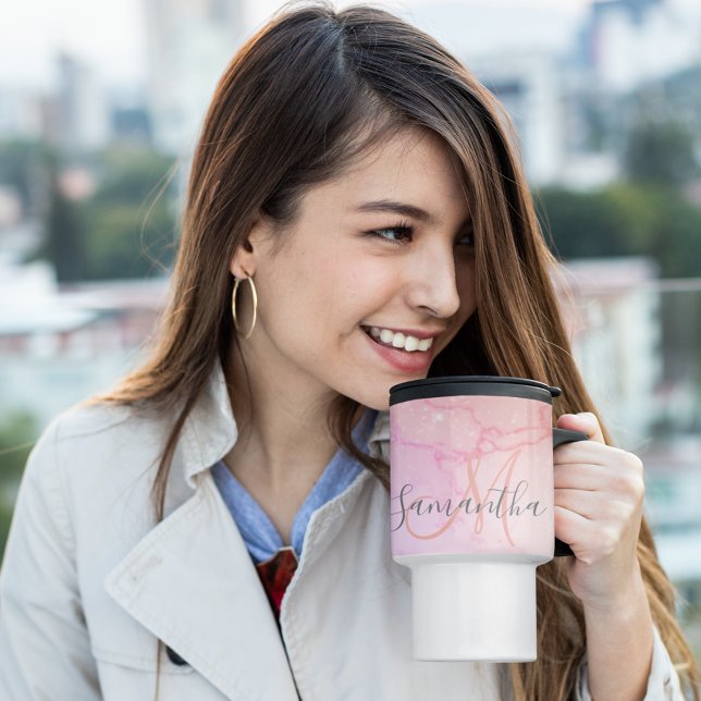 Modern Pink Marble & Glitter Sparkles  Name Travel Mug (Creator Uploaded)