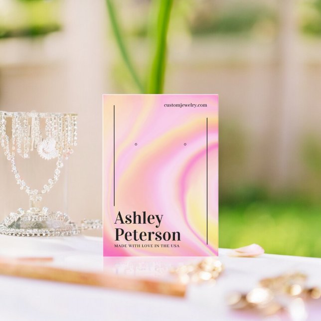 Modern pink marble rainbow script earring display business card (Modern pink marble rainbow script earring display business card)