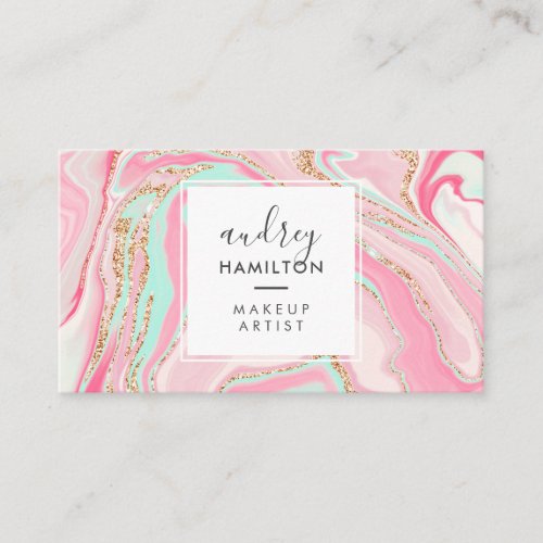 Modern pink marble rose gold elegant makeup artist business card