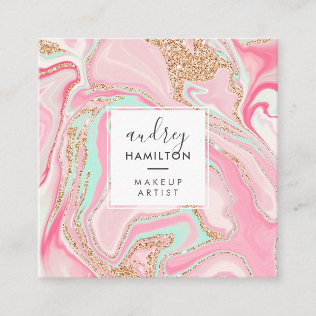 Modern pink marble rose gold elegant makeup artist square business card (Front)