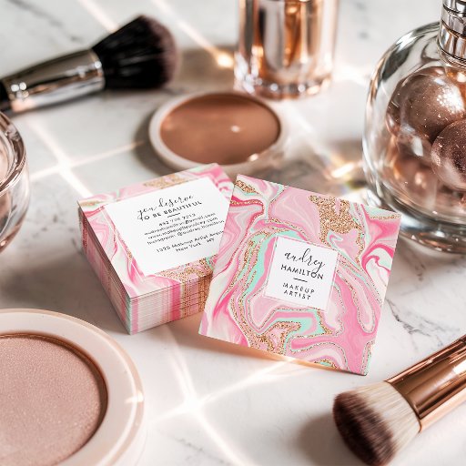 Customizable Modern pink marble rose gold elegant makeup artist square business card