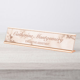 Modern Pink Marble Rose Gold Script Professional Desk Name Plate