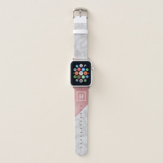 Modern Pink Marble Texture Monogrammed Apple Watch Band (Front)