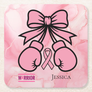 Modern Pink Marbled Breast Cancer Warrior Name   Square Paper Coaster