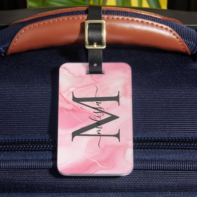 Modern Pink Marbled Monogramed  Luggage Tag (Front Insitu 2)