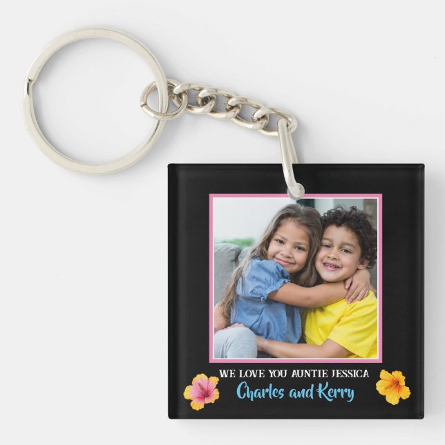 Modern Pink Marbled We Love You Auntie Photo Keychain (Front)