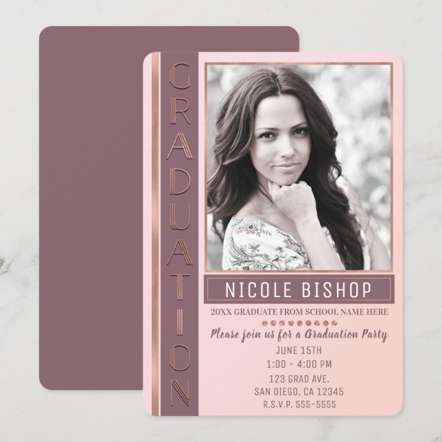 Modern Pink Mauve Graduation Party Graduate Photo Invitation (Front/Back)