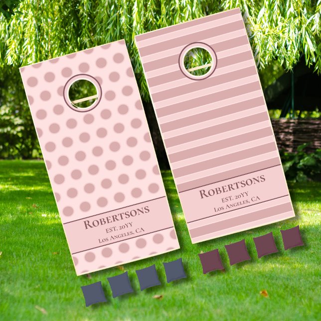 Modern Pink Mauve Polka Dots & Stripes Family Cornhole Set (Creator Uploaded)