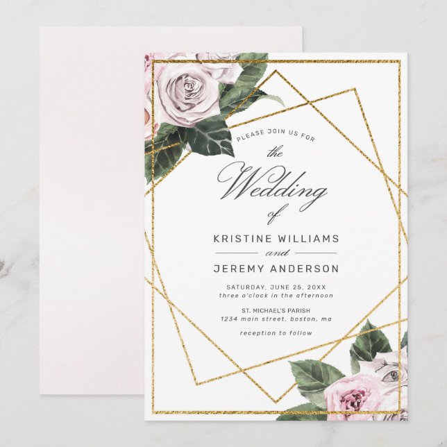 Modern Pink Mauve Rose Floral Gold Frame Wedding I Invitation (Front/Back)