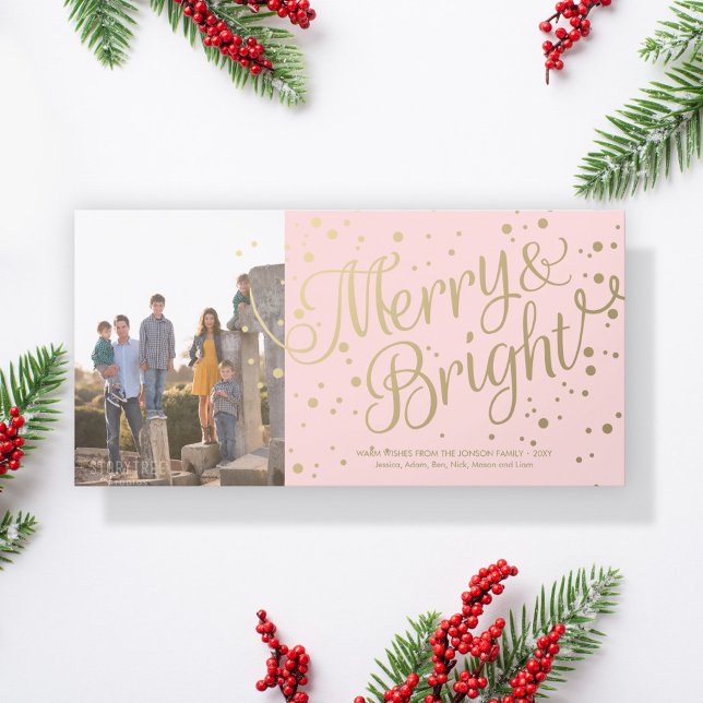 Modern Pink Merry and Bright Confetti Photo Card (Creator Uploaded)