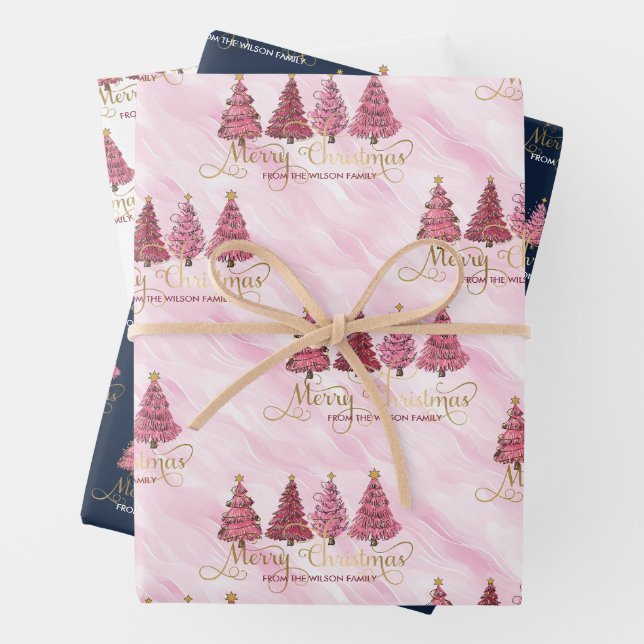 Modern Pink "Merry Christmas" From Your Family  Wrapping Paper Sheets (In situ)