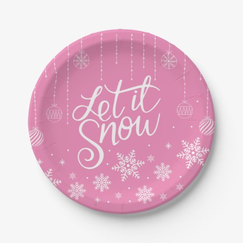 Modern Pink Merry Christmas Snowflakes Paper Plates