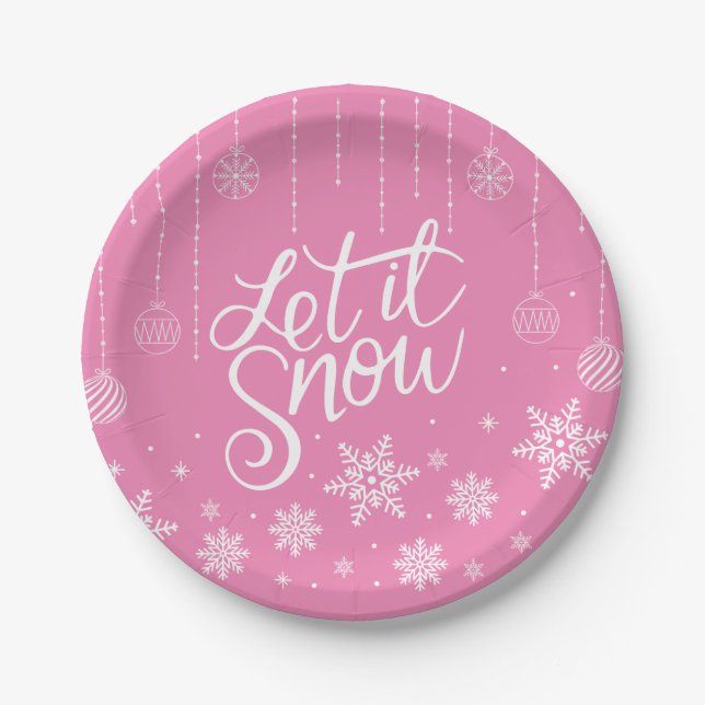 Modern Pink Merry Christmas Snowflakes Paper Plates (Front)