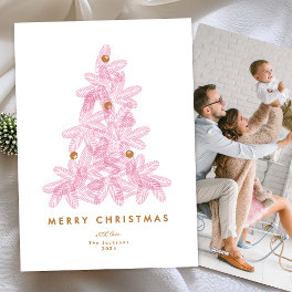 Modern Pink Merry Christmas Tree Single 1 photo Holiday Card