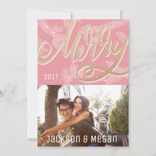 Modern Pink Merry Script Faux Gold Holiday Photo