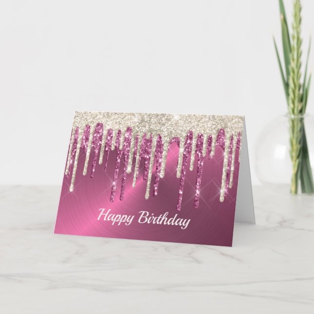 Modern Pink Metal Beige Glitter Drips Birthday Card (Front)