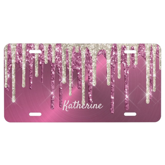 Modern Pink Metal Beige Glitter Drips License Plate (Front)