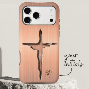 Modern Pink Metal Etched Christian Cross Monogram  iPhone 17 Pro Max Case