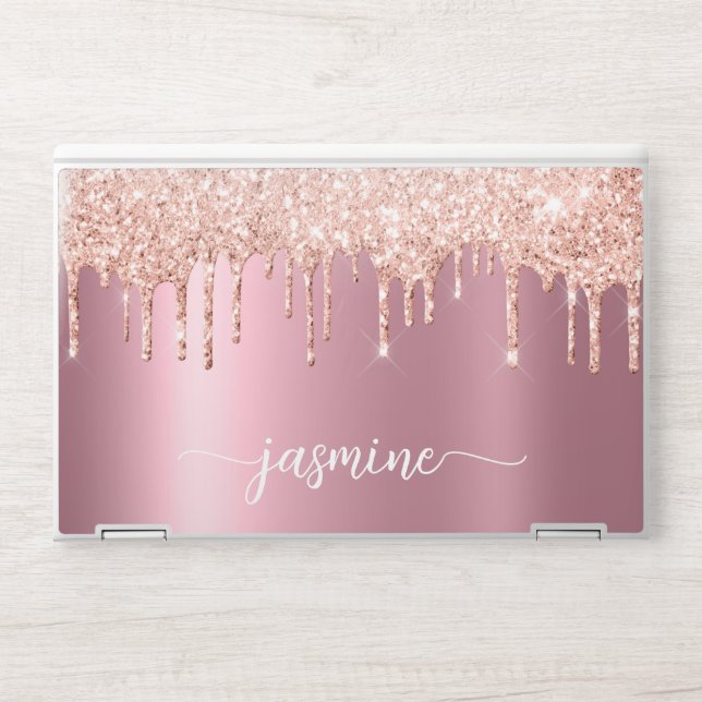Modern Pink Metal Rose Gold Glitter Drips Monogram HP Laptop Skin (Front)
