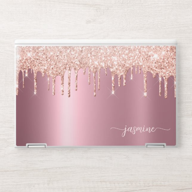 Modern Pink Metal Rose Gold Glitter Drips Monogram HP Laptop Skin (Front)