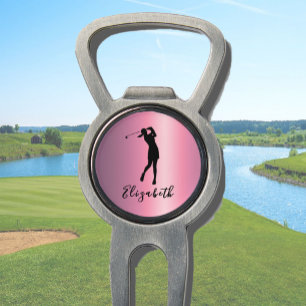 Modern Pink Metallic Look Lady Golfer Custom Name Divot Tool