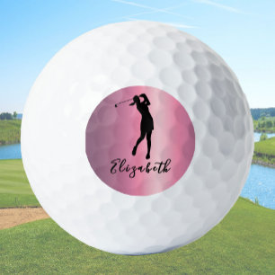 Modern Pink Metallic Look Lady Golfer Custom Name Golf Balls