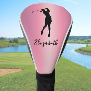 Modern Pink Metallic Look Lady Golfer Custom Name Golf Head Cover