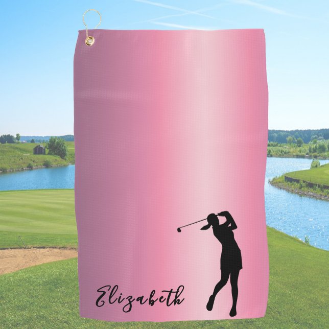 Modern Pink Metallic Look Lady Golfer Custom Name Golf Towel (Creator Uploaded)
