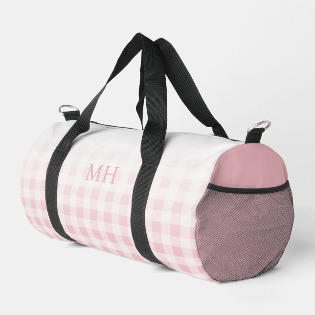 Modern Pink Minimal Gingham Pattern Monogram Duffle Bag (Right Corner)