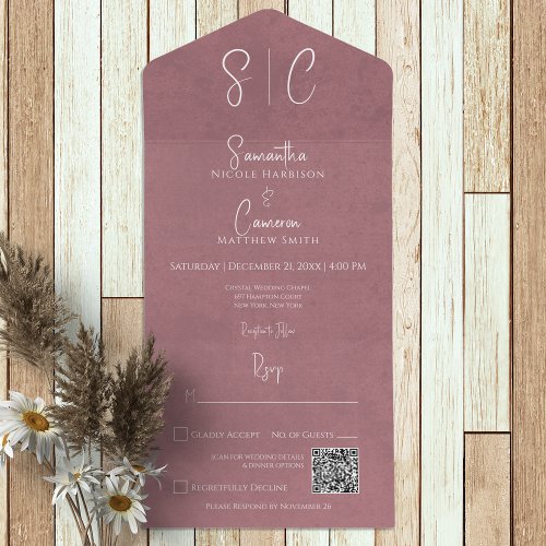 Modern Pink Minimal Monogram QR Code All In One Invitation