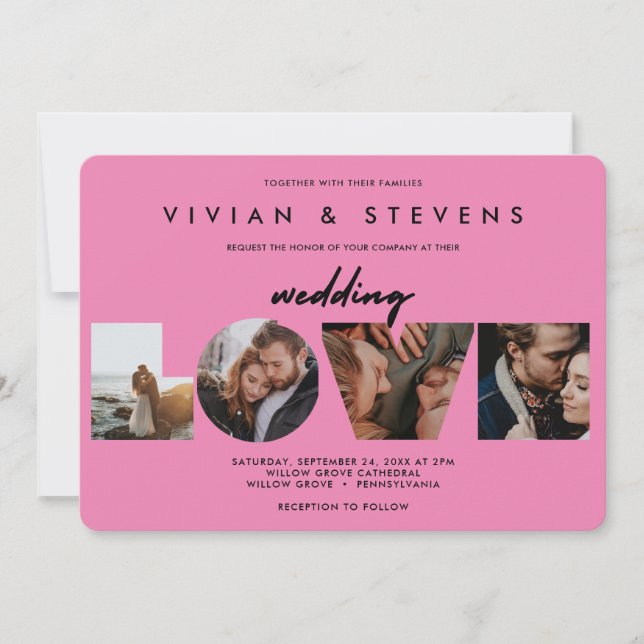 Modern Pink Minimalist Love Photos Wedding Invitation (Front)