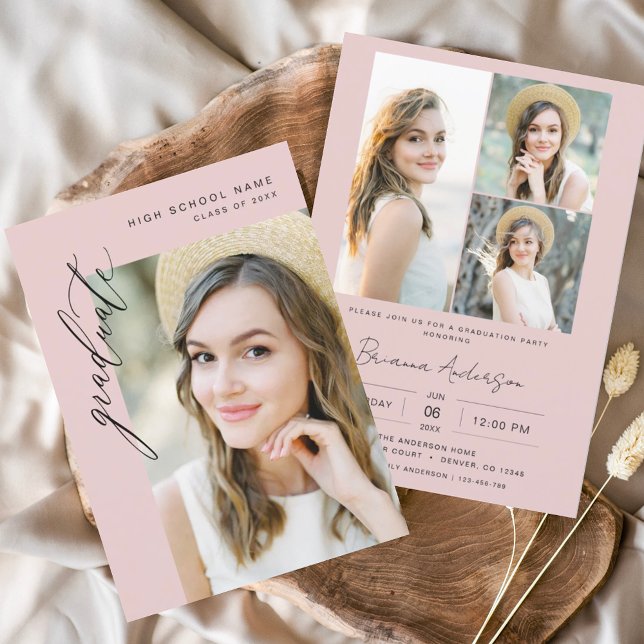 Modern Pink Minimalist Photo Graduation Party Invitation (Creator Uploaded)