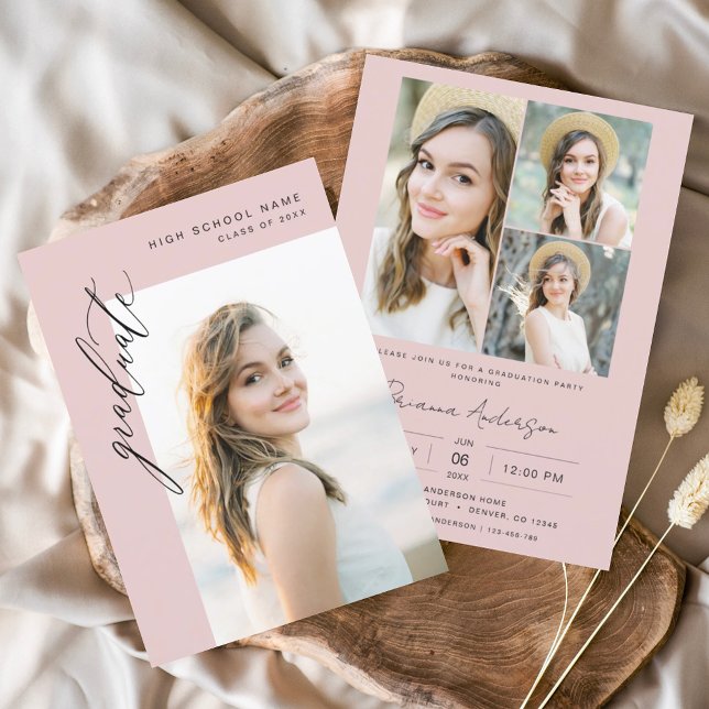 Modern Pink Minimalist Photo Graduation Party Invitation (Creator Uploaded)