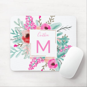 Modern pink mint floral watercolor monogrammed mouse pad