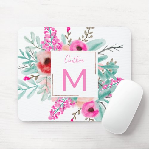 Modern pink mint floral watercolor monogrammed mouse pad