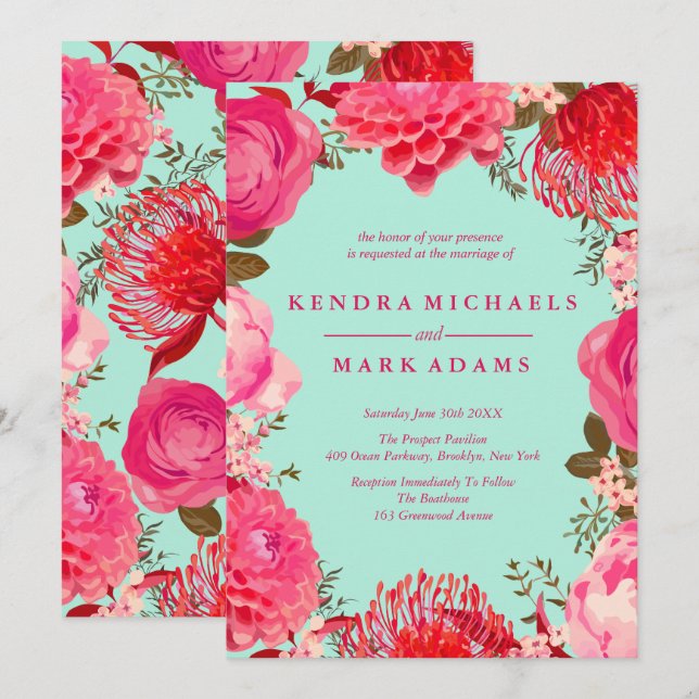 Modern, Pink & Mint Floral Wreath Invitations (Front/Back)