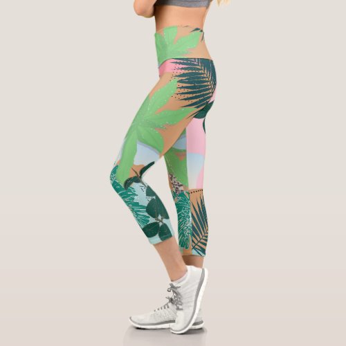 Modern Pink Mint Tropical Foliage Creative design Capri Leggings