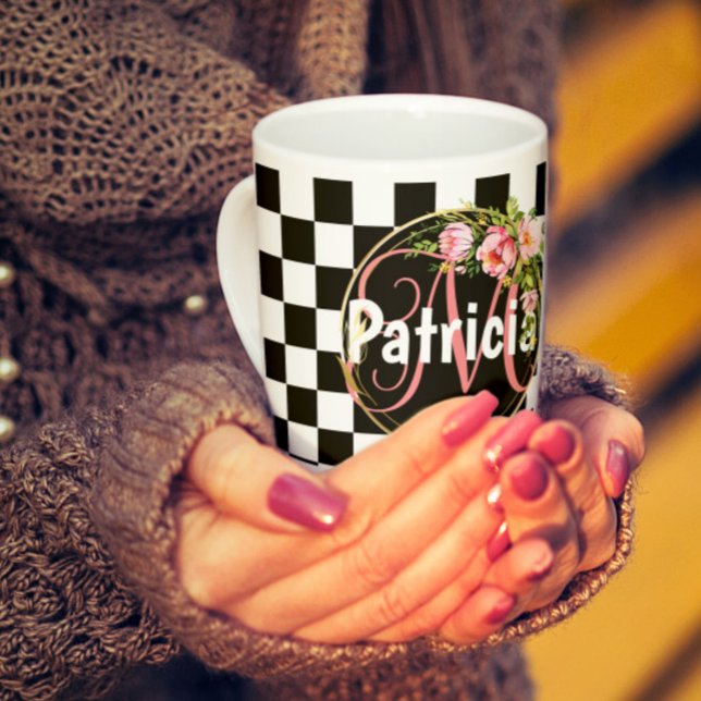 Modern Pink Monogram | Black & White Checkerboard Coffee Mug (Creator Uploaded)