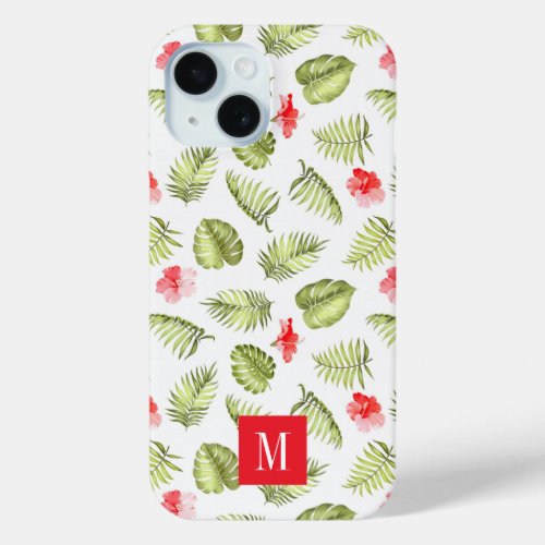 Modern Pink Monogram Botanical Palm Leaves iPhone 15 Case