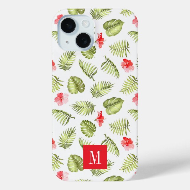 Modern Pink Monogram Botanical Palm Leaves Case-Mate iPhone Case (Back)