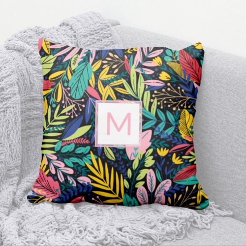 Modern Pink Monogram Colorful Leaves Line Art Throw Pillow
