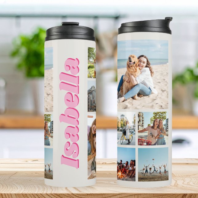 Modern Pink Monogram Personalized 10 Photo Collage Thermal Tumbler (Creator Uploaded)