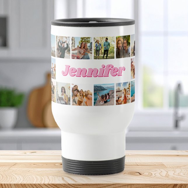 Modern Pink Monogram Personalized 20 Photo Collage Travel Mug (Creator Uploaded)