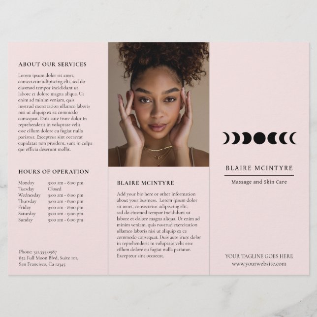 Modern Pink Moon Phases Elegant Tri-fold Brochure (Front)