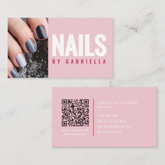 Modern Pink Nail Technician QR Code Photo Business Card (Front/Back)
