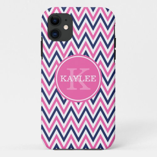 Modern Pink Navy Blue Chevron  Monogram iPhone 11 Case