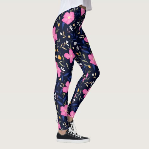 Modern pink navy blue floral botanical pattern leggings